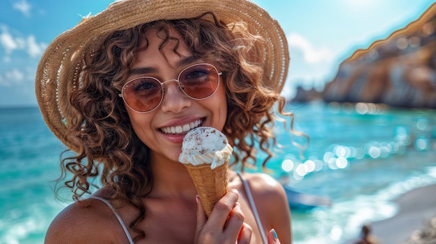 Młoda kobieta jedząca lody podczas spaceru w gorący letni dzień podczas wakacji