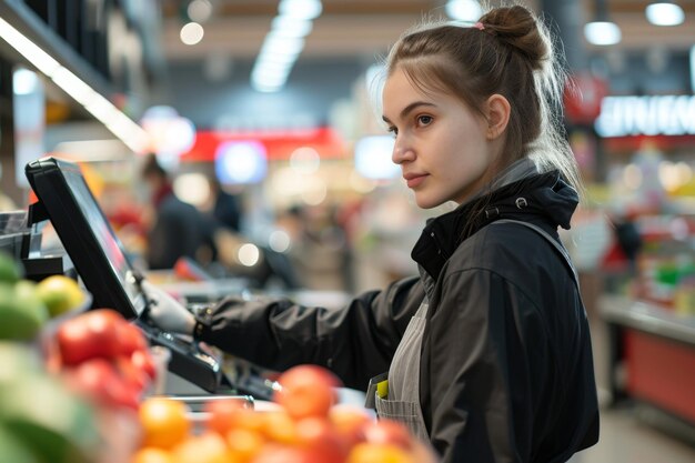 Młoda kobieta jest kasjerką lub asystentką w supermarkecie.