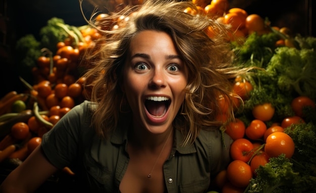 Młoda kobieta jest zaskoczona ogromną ilością warzyw.