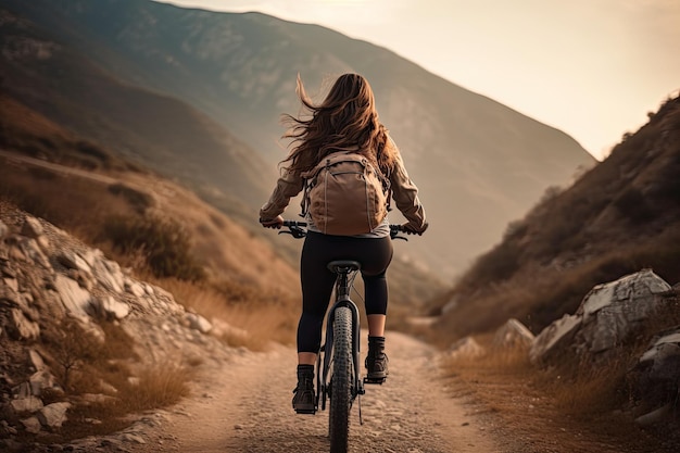 Młoda kobieta jeżdżąca rowerem górskim po brudnej drodze w górach Kobieta rowerzysta jeżdżąca rowerem na górze widok z tyłu bez widocznych twarzy tło naturalne AI generowane