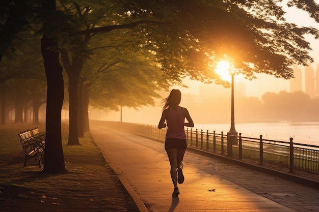 młoda kobieta jogging w parku miejskim wczesnym rankiem