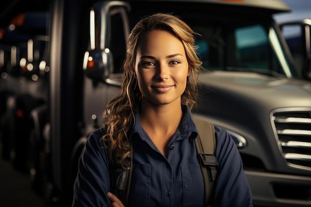 Młoda kobieta kierowca ciężarówki i autobusu w czapce przed szarą ciężarówką