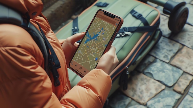 Zdjęcie młoda kobieta korzystająca z aplikacji map na telefonie podczas podróży stoi obok bagażu