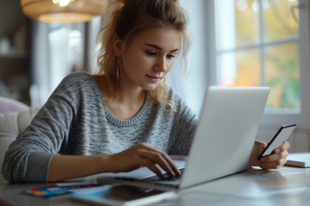 Młoda kobieta korzystająca z laptopa i karty kredytowej do zakupów internetowych