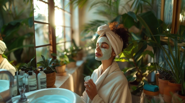 Młoda kobieta korzystająca z terapii spa z maską na twarz w salonie piękności