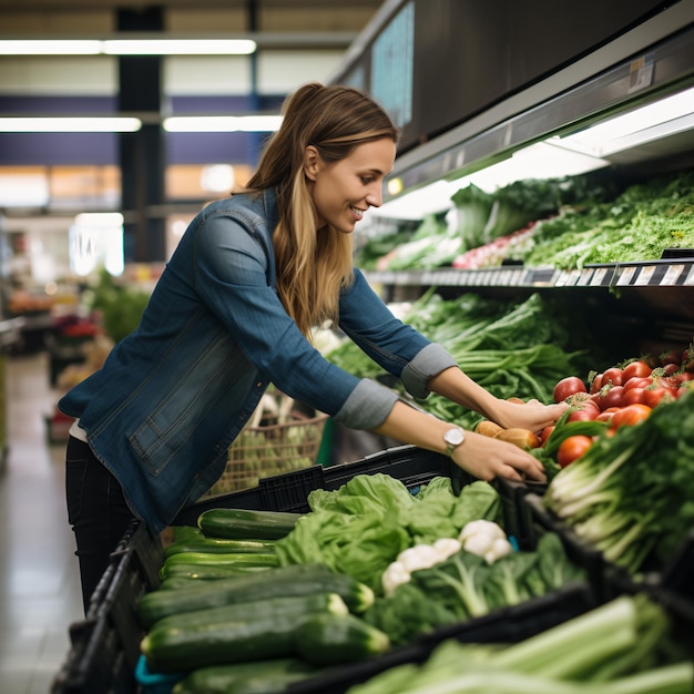 Młoda kobieta kupuje świeże warzywa w supermarkecie