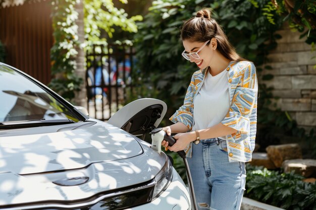 Młoda kobieta ładuje samochód elektryczny