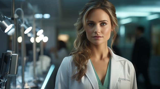 Młoda kobieta lekarka stojąca na korytarzu w szpitalnym korytarzugenerative ai