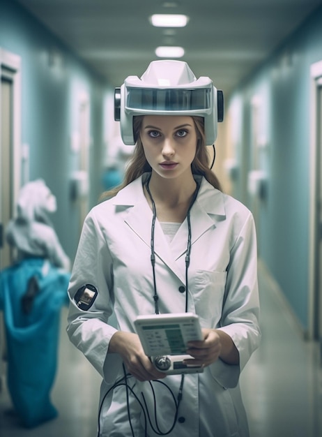 Młoda kobieta lekarz z blond włosami w białym szlafroku medycznym niebieskie rękawiczki i maskę insp Generatywna sztuczna inteligencja