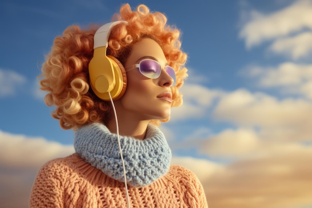 Młoda kobieta lofi nosi słuchawki i kolorowe zimowe ubrania na tle nieba