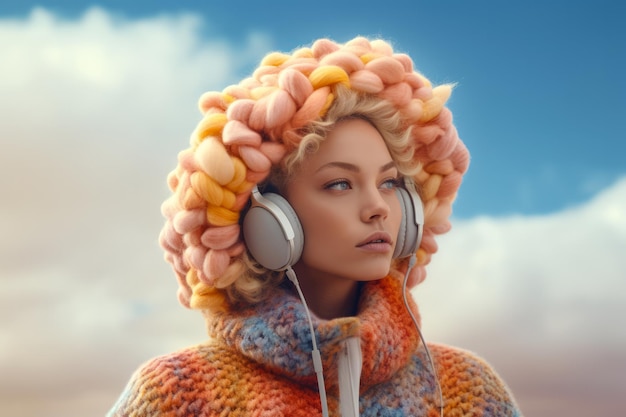 Młoda kobieta lofi nosi słuchawki i kolorowe zimowe ubrania na tle nieba
