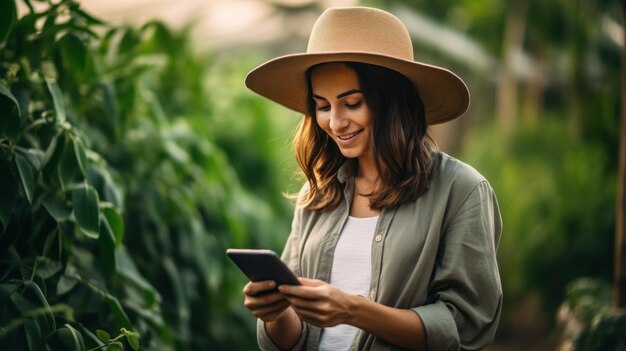 Młoda kobieta mądry rolnik używać telefonu komórkowego w zielonym ogrodzie cieszyć się czasem