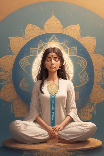 Młoda kobieta medytacji w pozycji lotosu z mandali na tle