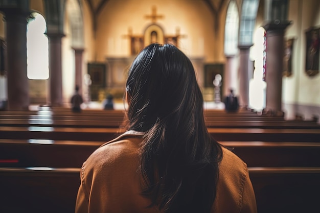 Młoda kobieta modląca się w kościele widok z tyłu Koncepcja religijna Chrześcijaństwo katolicyzm Generatywna sztuczna inteligencja