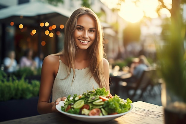 Młoda kobieta na diecie zamawia sałatkę na obiad w restauracji na świeżym powietrzu