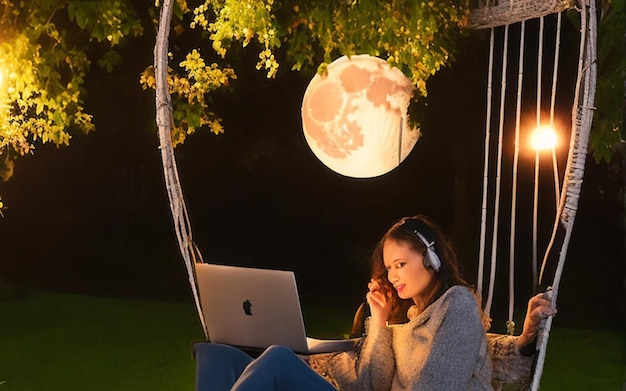 Młoda kobieta na huśtawce ogrodowej z laptopem oświetlonym delikatnym światłem księżyca