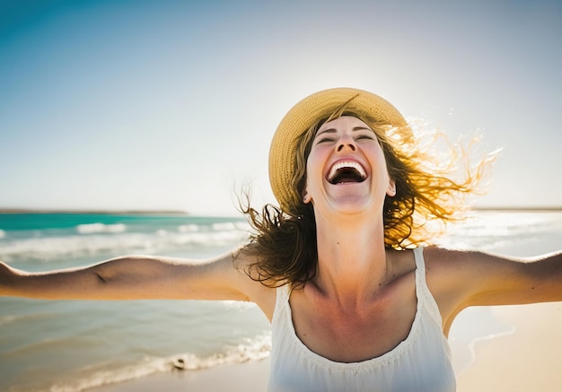 Młoda kobieta na plaży krzyczy z radości i szczęścia w słońcu swoich wakacji wygenerowanych przez Ai