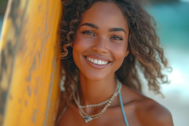 Młoda kobieta na plaży promieniująca radością, trzymając deskę do surfowania, uchwycając esencję egzotycznego piękna.