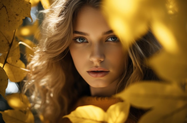 Młoda kobieta na świeżym powietrzu z żółtym liściem na twarzy
