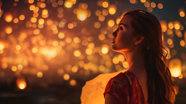 Młoda kobieta na tle latające latarnie z tyłu lampy olejowej święto świateł