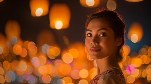 Młoda kobieta na tle latające latarnie z tyłu lampy olejowej święto świateł