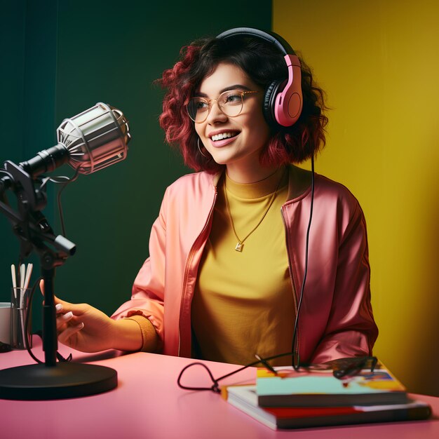 Zdjęcie młoda kobieta nagrywająca podcast mikrofon słuchawki internet