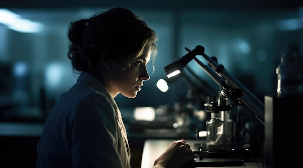 Młoda kobieta-naukowiec w fartuchu laboratoryjnym patrząca na komputer w laboratorium Generative AI AIG21