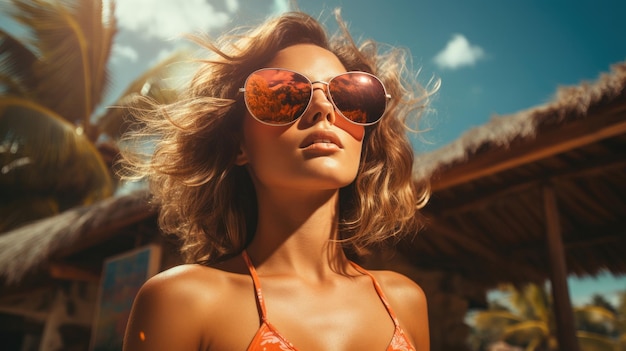 Młoda kobieta nosząca okulary przeciwsłoneczne i pływająca w basenie Tropical travel vacation palmy Retro print effect