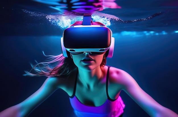 Zdjęcie młoda kobieta nosząca okulary wirtualnej rzeczywistości pod wodą koncepcja nurkowania w metaverse
