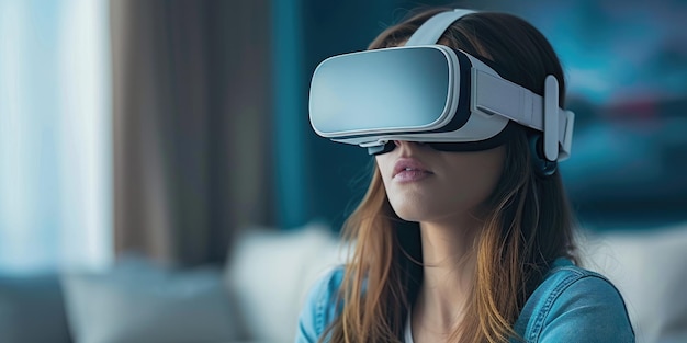 Młoda kobieta nosząca okulary wirtualnej rzeczywistości w pokoju gier.
