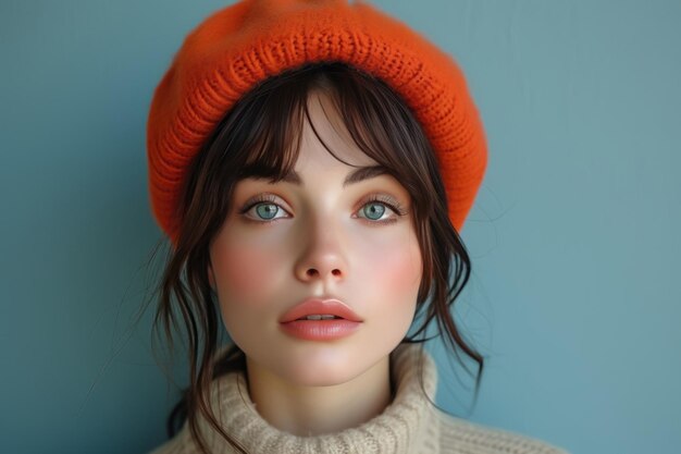 Młoda kobieta nosząca pomarańczowy beret na tle