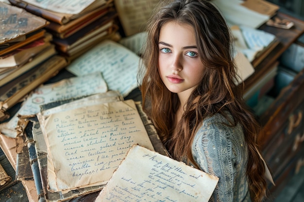 Zdjęcie młoda kobieta o fascynujących oczach otoczona starożytnymi ręcznie napisanymi listami i starożytnými książkami