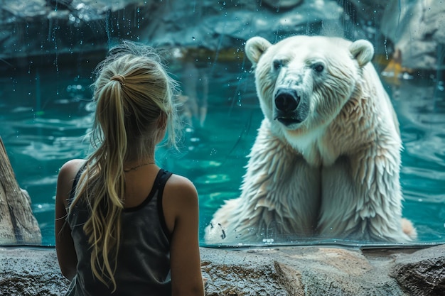 Młoda kobieta obserwuje majestatycznego niedźwiedzia polarnego za szkłem na wystawie ochrony dzikiej przyrody