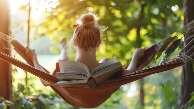Młoda kobieta odpoczywa w hamaku w lesie, czyta książkę i cieszy się spokojem i ciszą natury.