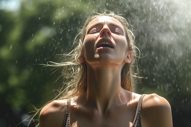 Młoda kobieta odświeża się wodą z fontanny w upalny letni dzień wygenerowany przez Ai