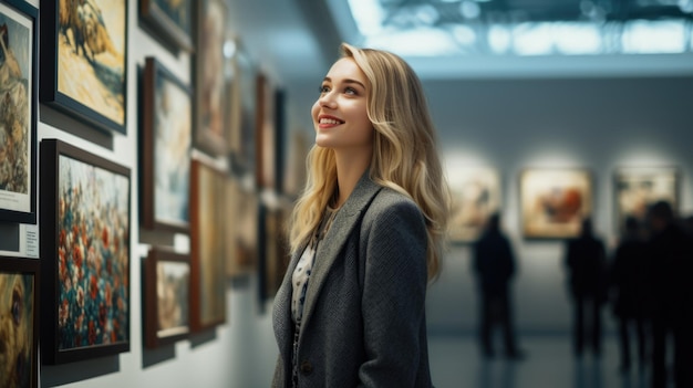 Zdjęcie młoda kobieta ogląda obrazy w muzeum lub wystawę w galerii sztuki