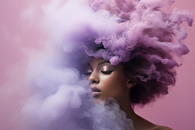 Młoda kobieta otoczona kolorową chmurą dymu