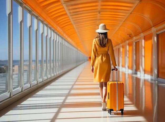 Młoda kobieta podróżująca z walizką na przystanku transportowym w słoneczny dzień Bezpośredni kąt widoku na nowoczesnym przystanku Koncepcja transportu miejskiego i podróży Zdjęcie wysokiej jakości