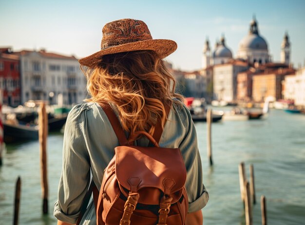 Zdjęcie młoda kobieta podróżuje po włoszech wakacje w europie dziewczyna cieszy się pięknym widokiem w wenecji turystka