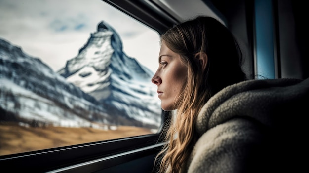 Zdjęcie młoda kobieta podróżuje wygląda przez okno, siedzi w pociągu, cieszy się śnieżnym krajobrazem i ma na sobie czapkę zimową motyw zimowych wakacji stworzony za pomocą ai