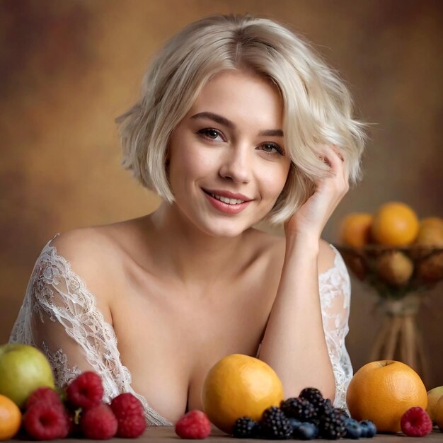 Zdjęcie młoda kobieta pozuje z owocami