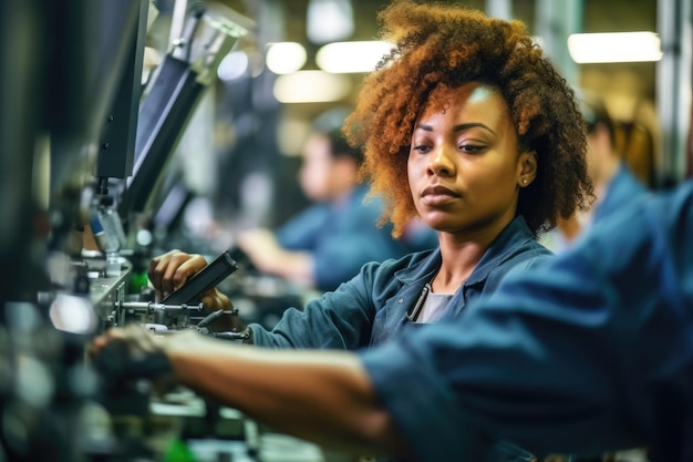 Młoda kobieta pracująca na linii produkcyjnej w ruchliwej fabryce z zbliżeniem jej rąk montujących produkt Generatywna sztuczna inteligencja