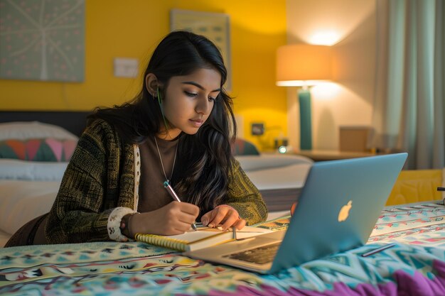 Młoda kobieta pracująca nad laptopem w nocy w sypialni Freelance i koncepcja pracy zdalnej