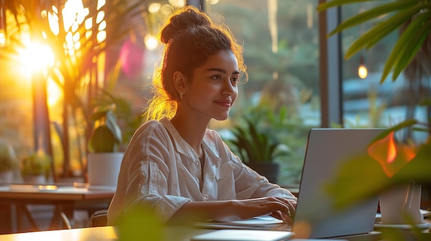 Młoda kobieta pracująca w biurze w kawiarni z laptopem uśmiechająca się do kamery w słońcu Generacyjna sztuczna inteligencja