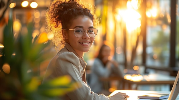 Młoda kobieta pracująca w biurze w kawiarni z laptopem uśmiechająca się do kamery w słońcu Generacyjna sztuczna inteligencja