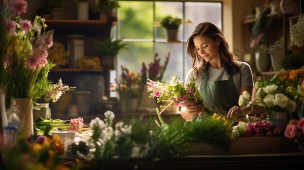Młoda kobieta pracująca w sklepie z kwiatami