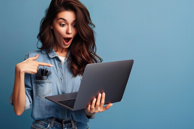 Młoda kobieta pracująca z laptopem z zaskoczonym wyrazem twarzy widzi świetne zniżki i nieodparte oferty w swoich ulubionych sklepach wskazując na laptop na niebieskim tle