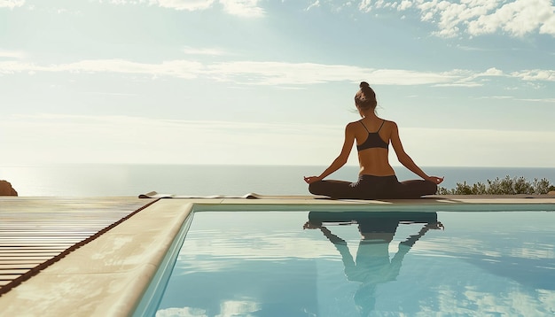Młoda kobieta praktykująca jogę przy basenie z oceanem na tle