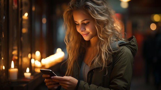 Młoda kobieta przy użyciu telefonu komórkowego w kawiarni Blondynka SMS-y na smartphonegenerative ai