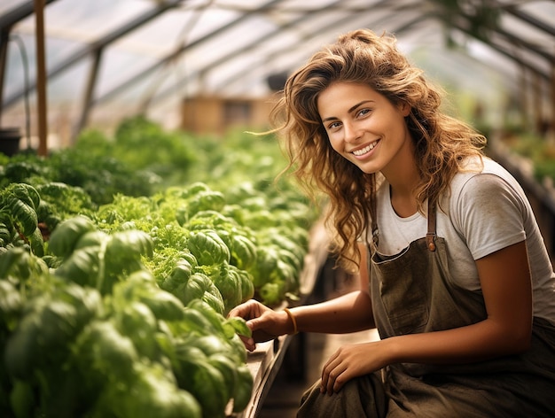 Młoda kobieta rasy kaukaskiej pracująca w szklarni gospodarstwa ekologicznego Uśmiechnięta dziewczyna uprawiająca rośliny organiczne